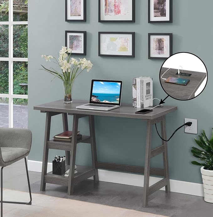 Convenience Concepts Designs2Go Trestle Desk with Charging Station and Shelves, Charcoal Gray - LeafyLoom