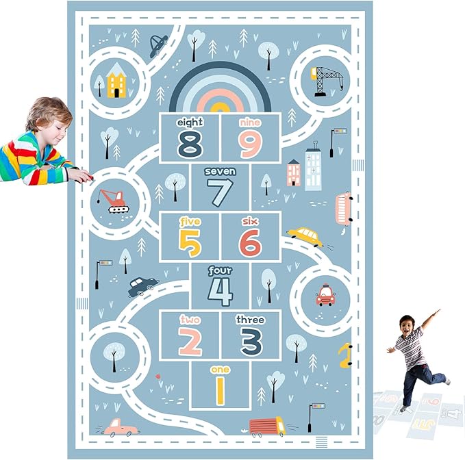 Kids Rug Play Mat, Car Rug, Hopscotch Rug, Hopscotch Mat for Kids, Can Be Used to Play with Cars Kids Carpet Play Mat,(Blue,80×160cm/32×63IN) - LeafyLoom