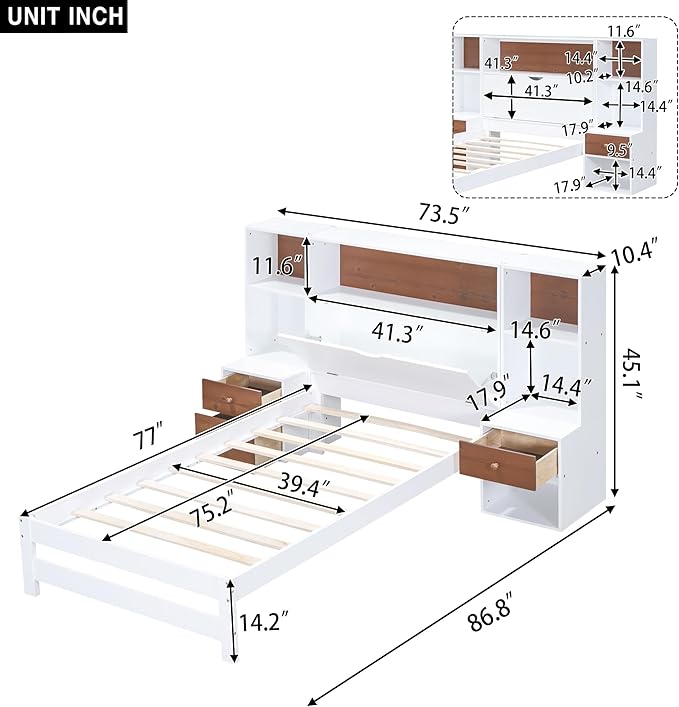 Merax Wood Bed Frame with Storage Headboard and Drawers, Twin Size Platform Bed with Nightstands, No Box Spring Needed White - LeafyLoom