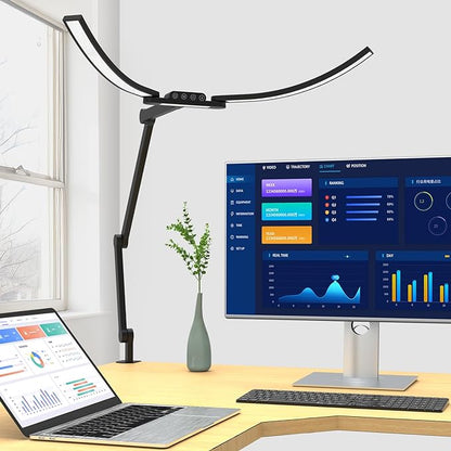 Architect Desk Lamp with Curved Light Bars, 33 Inches Long Wide Bright LED Desk Lamp with Clamp, 24W Dimmable Desk Light for Home Office Tall Swing Arm Table Light for Computer - LeafyLoom