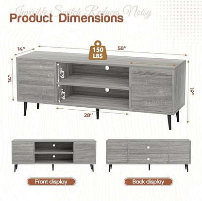 YESHOMY Modern TV Stand for 65" Television, Entertainment Center with Two Storage Cabinets, Retro Style Media Console for Living Room, Bedroom, Office, 58 Inch, Light Gray - LeafyLoom