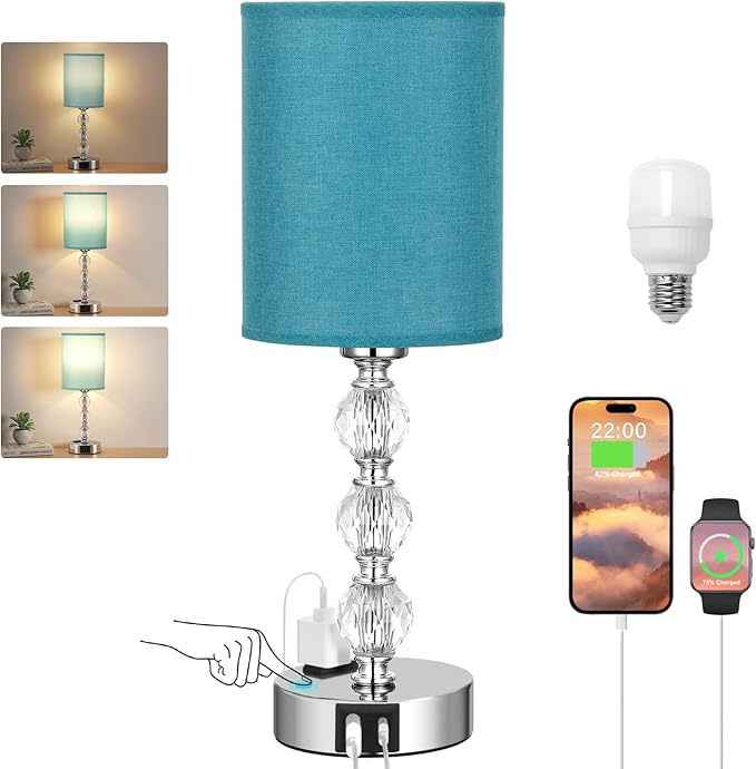 Green Touch Bedside Lamps for Bedrooms - Crystal Table Lamp with USB C+A Charging Port and AC Outlet Nightstand, 3 Way Dimmable Silver Small End Side Table Lamp for Living/Guest/Dinning Room/Kitchen - LeafyLoom