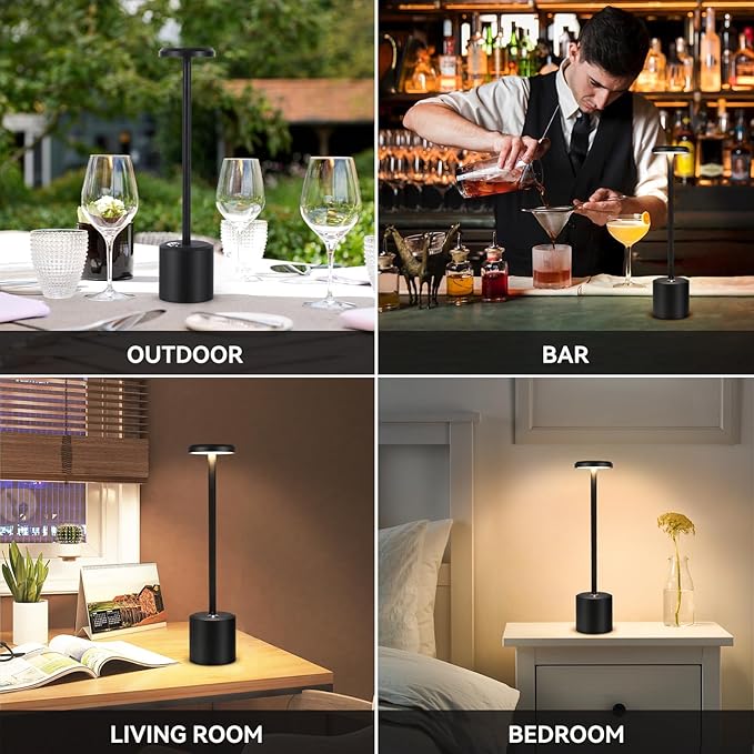 Rechargeable LED Wireless Touch Desk Lamps Set of 2, 5000mAh Battery Operated Lamp, 3 Color Modes with Memory Function and Stepless Dimming Desk Lamp for Restaurant/Bedroom/Terrace (Black) - LeafyLoom