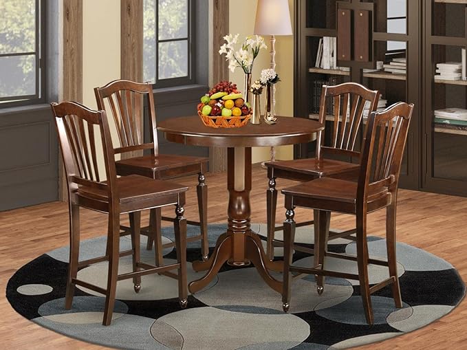 East West Furniture JACH5-MAH-W 5 Piece Kitchen Counter Height Dining Table Set Includes a Round Wooden Table with Pedestal and 4 Dining Chairs, 36x36 Inch, Mahogany - LeafyLoom