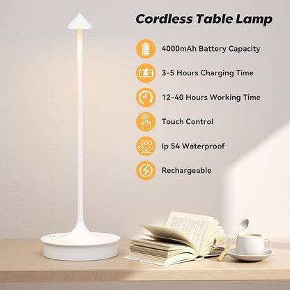 Set of 2 Cordless Table Lamp Rechargeable, Battery Operated Desk Lamp, 4000mAh LED Touch Lamp, Dimmable Portable Outdoor Waterproof Wireless Table Light for Restaurants/Bars/Outdoor(1PC, White) - LeafyLoom