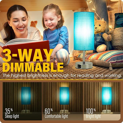 Yarra-Decor Blue Fabric Shade Touch Control Table Lamp with USB Ports, 3 Way Dimmable Nightstand Lamp for Bedroom, Living Room, Kids Room, College Dorm, Office - LeafyLoom