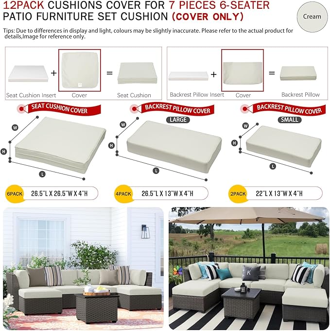 ClawsCover 12 Pack Outdoor Patio Seat and Back Cushions Replacement Covers Fit for 7Pieces 6-Seater Wicker Rattan Furniture Conversation Set Sectional Couch Chair,Cream-Include Cover Only - LeafyLoom