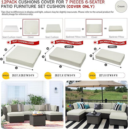 ClawsCover 12 Pack Outdoor Patio Seat and Back Cushions Replacement Covers Fit for 7Pieces 6-Seater Wicker Rattan Furniture Conversation Set Sectional Couch Chair,Cream-Include Cover Only - LeafyLoom