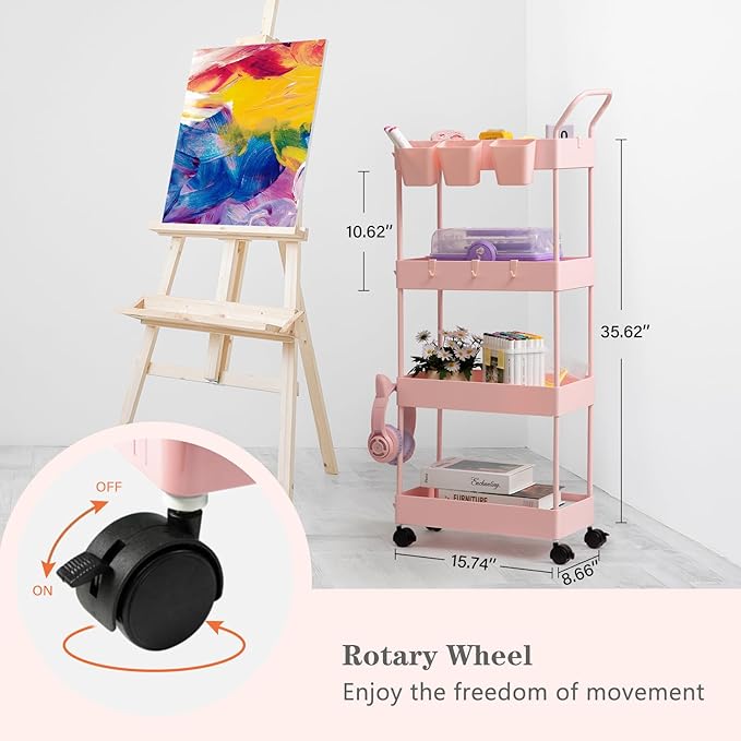 danpinera Slim Storage Cart, 4 Tier Bathroom Cart Organizer Narrow Laundry Cart with Wheels Dividers Hanging Cups Hooks Handle Makeup Lash Cart Shelf Organizer Rack Unit Easy Assembly, Pink - LeafyLoom