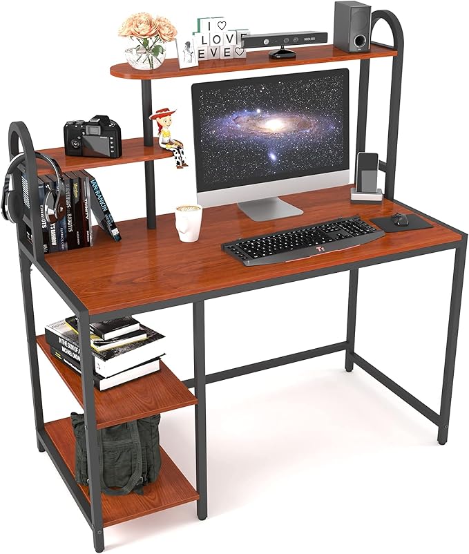 Anivia Computer Desk with Hutch and Shelves, 47'' Home Office Desk with Adjustable Bookshelves, Writing Desk PC Study Table Workstation for Small Spaces - LeafyLoom