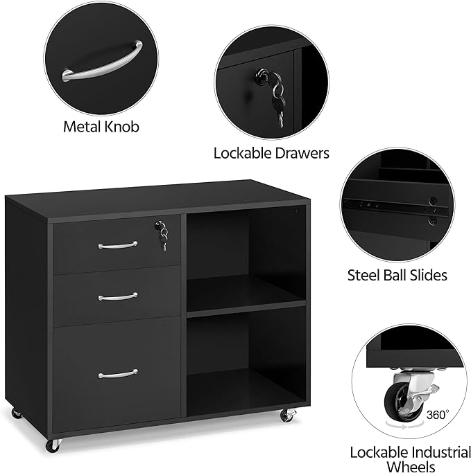 Yaheetech Black File Cabinet with Lock for Letter, A4 Size,3 Drawer Lateral Filing Cabinet Printer Stand with Open Storage Compartments,Mobile Filing Cabinet for Home Office, Black - LeafyLoom