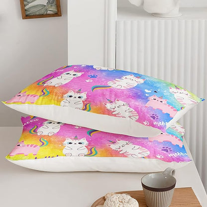 Axolotl Cat Bedding Twin Cartoon Cat Comforter Set,Rainbow Printed Kids Bedding Set for Girls Kids Adults Teens,Kids Comforter Set All Season,1 Quilt 2 Pillow Cases,Colorful Pink Blue - LeafyLoom