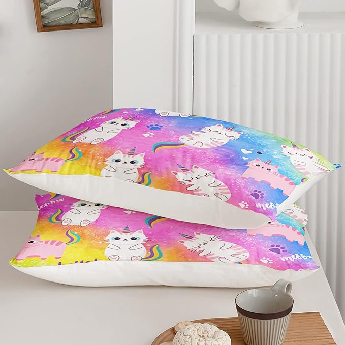 Axolotl Cat Bedding Full Cartoon Cat Comforter Set,Rainbow Printed Kids Bedding Set for Girls Kids Adults Teens,Kids Comforter Set All Season,1 Quilt 2 Pillow Cases,Colorful Pink Blue - LeafyLoom