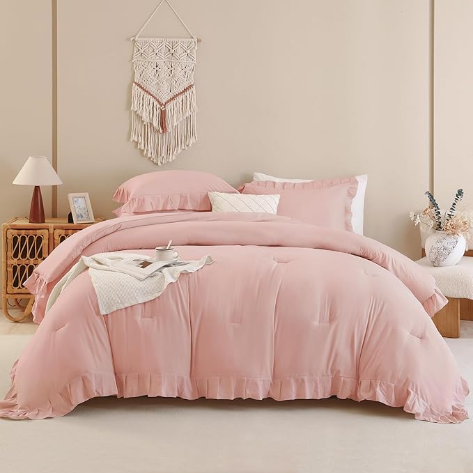 Andency Blush Ruffle Comforter Set, 2 Pieces Kids Comforter Set Twin(66x90Inch), Farmhouse Shabby Chic Comforter Set, Soft Microfiber Kids Bedding Set - LeafyLoom