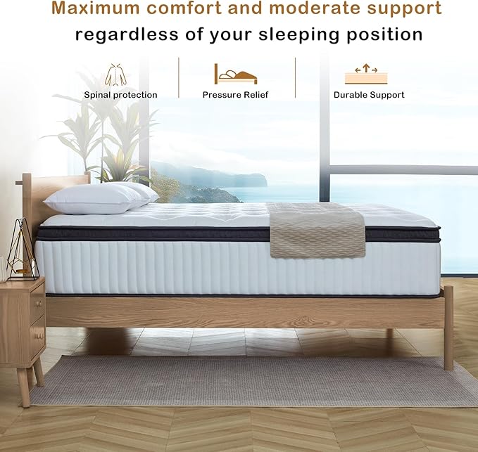 Queen Mattress, 14 Inch Innerspring Hybrid Mattress in a Box with Gel Memory Foam, Individually Wrapped Encased Coil Pocket Spring Mattress, Pressure Relief, Medium Firm Support, 60"*80"*14" - LeafyLoom