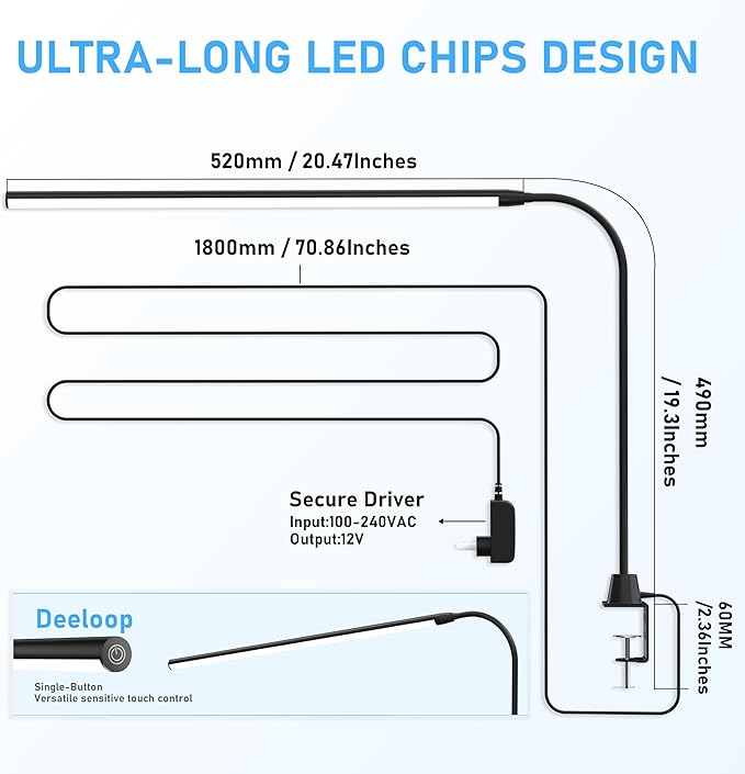 LED Clip on Light/Reading Light, 20" Ultra-Long Chips Bright Desk Lamp, 10%-100% Stepless Dimming & 3 Color Modes Office Lamp with 360° Gooseneck Memory Function Clamp Light for Working - LeafyLoom