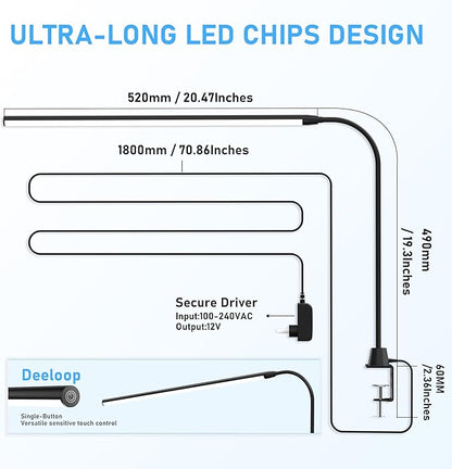 LED Clip on Light/Reading Light, 20" Ultra-Long Chips Bright Desk Lamp, 10%-100% Stepless Dimming & 3 Color Modes Office Lamp with 360° Gooseneck Memory Function Clamp Light for Working - LeafyLoom