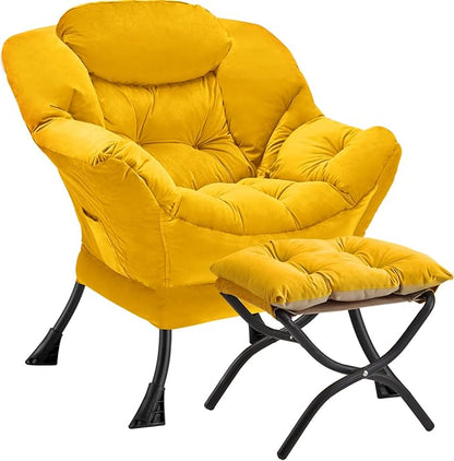 Lazy Chair with Folding Ottoman Modern Large Accent Chair,Contemporary Lounge Leisure Sofa Chair with Armrests Upholstered Sofa Armchair Reading Chair for Bedroom,Dorm & Office,Yellow - LeafyLoom