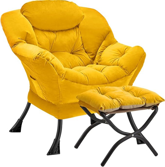 Lazy Chair with Folding Ottoman Modern Large Accent Chair,Contemporary Lounge Leisure Sofa Chair with Armrests Upholstered Sofa Armchair Reading Chair for Bedroom,Dorm & Office,Yellow - LeafyLoom