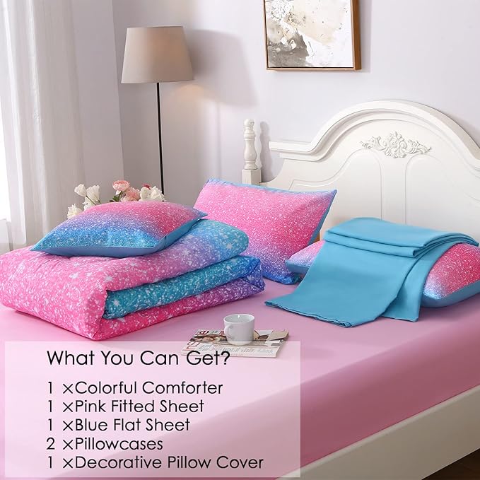 JQinHome Glitter Comforter Set Queen Size, 6 Piece Bed in A Bag 3D Colorful Duvet Pink Blue Bedding Set for Girls Women (1 Comforter,2 Pillowcases,1 Flat Sheet,1 Fitted Sheet,1 Cushion Cover) - LeafyLoom