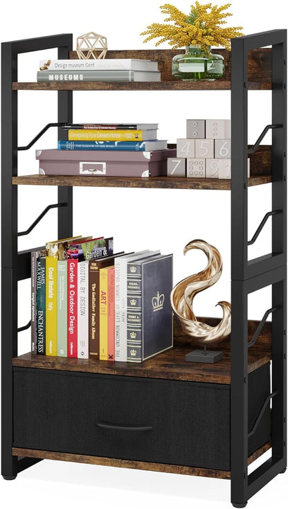 Small Bookshelf with Drawer: 4-Tier Wood Book shelf Industrial Narrow Bookcase Storage Organizer Metal Stackable shelves for Desktop Bedroom Living Room Home Office (Rustic Brown) - LeafyLoom