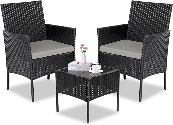 Patio Furniture Set 3 Pieces All-Weather Rattan Outdoor Furniture Patio Chairs with Tempered Glass Table for Porch Bistro Balcony Bistro Set(Black/Grey-2) - LeafyLoom