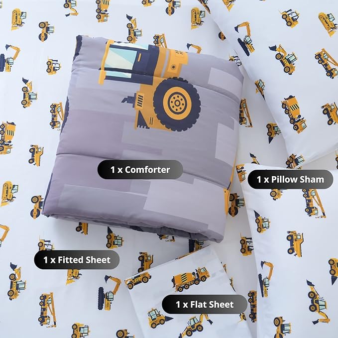 Twin Size Comforter Set for Boys, 4-Piece Bed in a Bag, 3D Construction Bedding Comforter Sheet Set, Ultra Soft and Fluffy, Cartoon Truck Cars - LeafyLoom