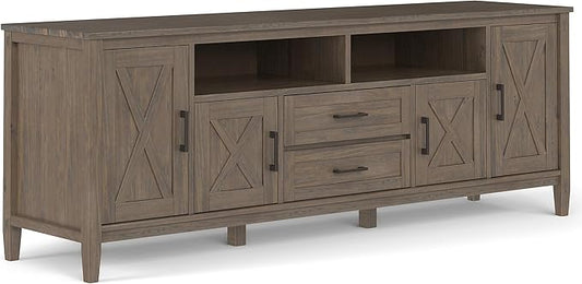 SIMPLIHOME Ela SOLID WOOD Wide Transitional Media Stand for TVs up to 80 inches for The Living Room and Entertainment Center, 72 inch, Smoky Brown - LeafyLoom