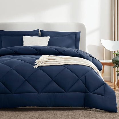 CozyLux Twin Bed in a Bag Comforter Set with Sheets 5 Pieces for Girls and Boys Navy Blue All Season Bedding Sets with Comforter, Pillow Sham, Flat Sheet, Fitted Sheet and Pillowcase - LeafyLoom