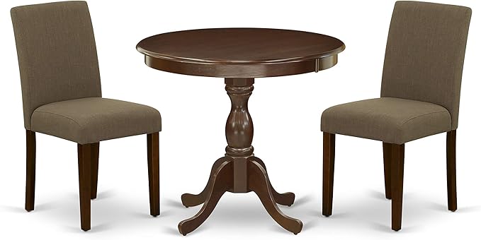 East West Furniture AMAB3-MAH-18 Antique 3 Piece Kitchen Set for Small Spaces Contains a Round Dining Table with Pedestal and 2 Coffee Linen Fabric Upholstered Chairs, 36x36 Inch - LeafyLoom