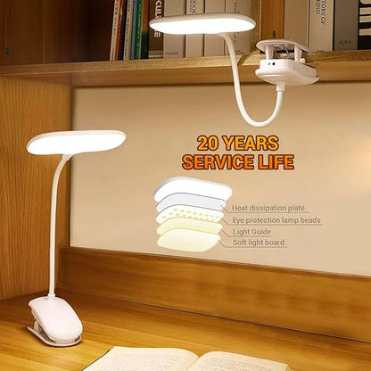 LED Desk Lamp with Clamp, Eye-Caring Clip on Lights for Home Office, 3000mAh Rechargeable Battery Operated Table Lamps,3 Lighting Modes & Brightness Dimmer Light for Kids Students - LeafyLoom