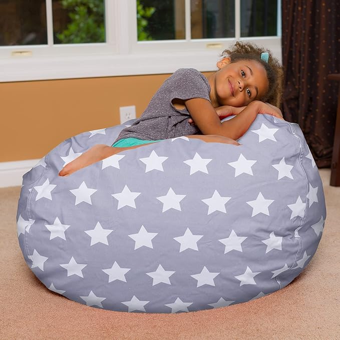 Posh Creations Bean Bag Chair for Kids, Teens, and Adults Includes Removable and Machine Washable Cover, Canvas White Stars on Gray, 38in - Large - LeafyLoom