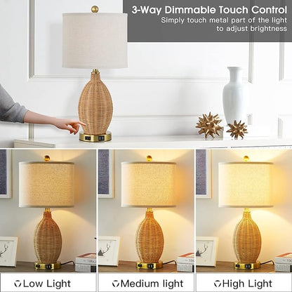 Touch Control Rattan Table Lamps, 3 Way Dimmable Bedside Lamps for Bedroom Set of 2 with 2 USB Ports and AC Outlet, Gold Wicker Nightstand Lamps for Living Room Office (LED Bulbs Included) - LeafyLoom