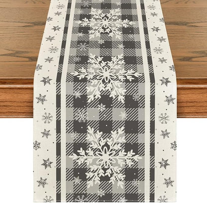 Artoid Mode Grey Buffalo Plaid Snowflakes Christmas Table Runner, Seasonal Winter Kitchen Dining Table Decoration for Home Party Decor 13x72 Inch ArtoidMode