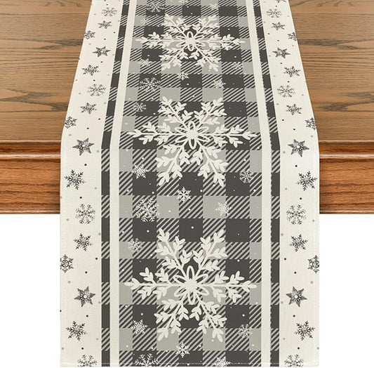 Artoid Mode Grey Buffalo Plaid Snowflakes Christmas Table Runner, Seasonal Winter Kitchen Dining Table Decoration for Home Party Decor 13x72 Inch ArtoidMode