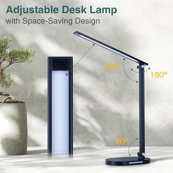 Led Desk Lamp, 3 Light Modes Table Lamp, Dimmable Reading Light For Bedroom with USB Port, Office Desk Lamp with Night Light, Auto-Off Timer Book Lights for College Dorm, Home, Office, Memory Function - LeafyLoom