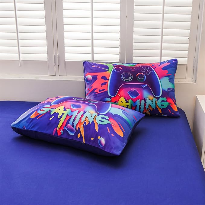 Aimuan Gaming Comforter Sets for Boys Kids Bedding Sets Video Games Console Action Buttons Novelty Colorful Game Gamepad Controller Modern Gamer Room Decor Home Quilt Set (Twin 6 Pcs,Purple) - LeafyLoom