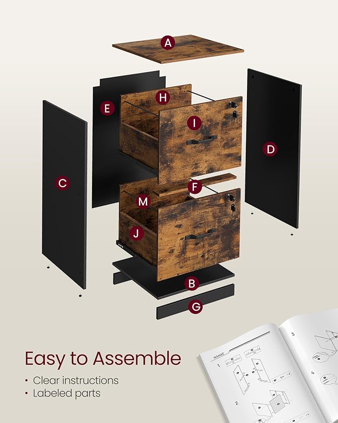 VASAGLE 2-Drawer Vertical File Cabinet, Filing Cabinet for Home Office, Printer Stand, with 2 Lockable Drawers, Adjustable Hanging Rail, for A4 and Letter-Size Files, Rustic Brown UOFC061B01 - LeafyLoom