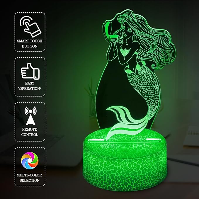 Mermaid Night Light,Gifts for Girls,3D Illusion Lamp,Kids Bedside Lamp,16 Color Change Decor Lamp with Remote & Smart Touch, Gifts for Christmas Birthday Boys Men Girls - LeafyLoom