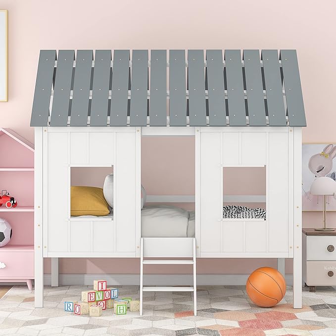 Twin Size Low Loft House Bed with Roof and Two Front Windows, Perfect for Kids Bedroom,Space Saving Design & No Box Spring Needed,80.4"x45.2"x71.4", White - LeafyLoom