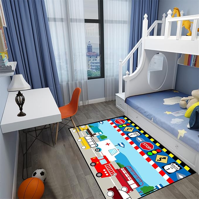 Cartoon Ambulance Car Area Rug Car Carpet for Kids Play Rug for Cars and Trucks Car Rug Play Mat Car Track Rug Truck Rugs for Boys Room Rugs for Boys Bedroom,Light Blue 4'×5' - LeafyLoom