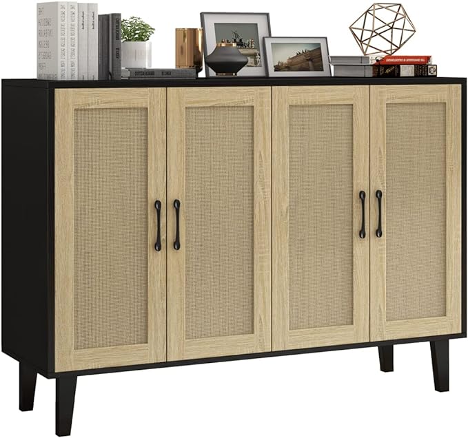 Panana Buffet Storage Cabinet with Rattan Decorating 4 Doors Living Room Kitchen Sideboard 48.43 x 34.65 x 15 inch (Black) - LeafyLoom