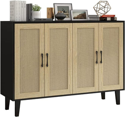 Panana Buffet Storage Cabinet with Rattan Decorating 4 Doors Living Room Kitchen Sideboard 48.43 x 34.65 x 15 inch (Black) - LeafyLoom