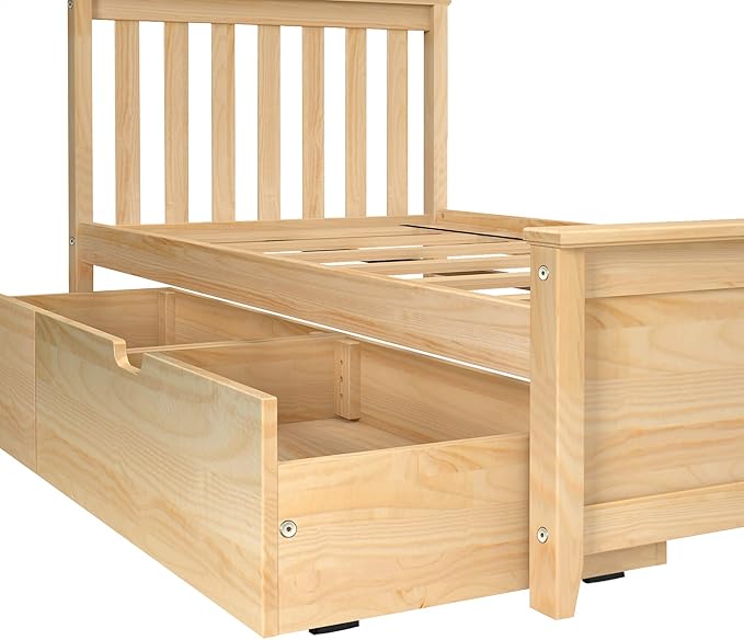 Max & Lily Twin Bed, Bed Frame with Headboard For Kids with Storage Drawers, Slatted, Natural - LeafyLoom