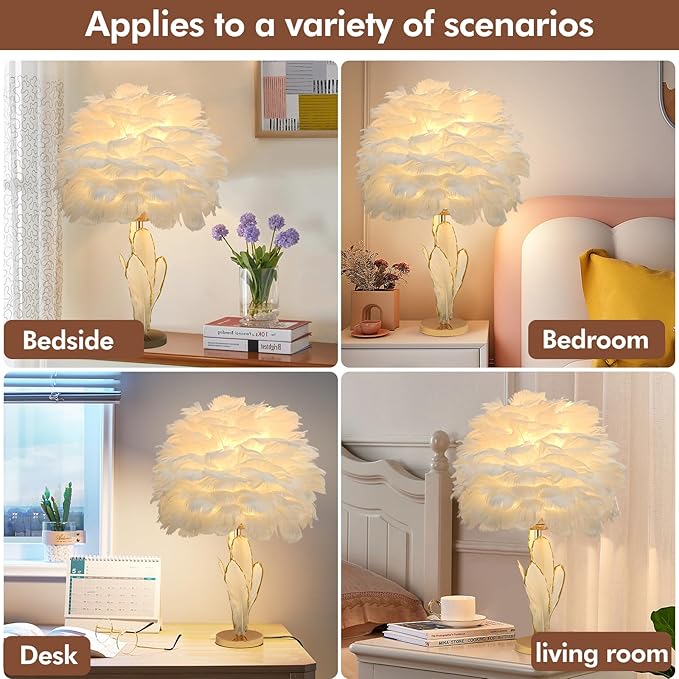 ZYLEIESENBAO Feather Desk Lamp Creative Girls Bedroom Decoration Lamp Modern White Feather Table Bedside Lamp Cute 12'' for Living Room Wedding Childrens Room - LeafyLoom