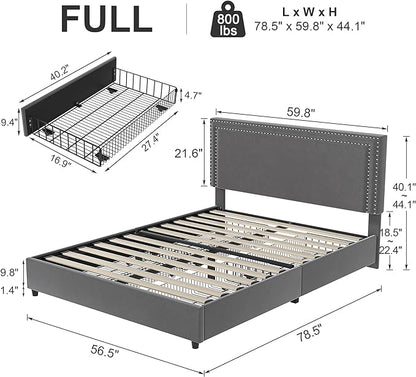 VECELO Full Size Upholstered Platform Bed Frame with 4 Storage Drawers, Adjustable Velvet Rivets Headboard, Wooden Slats Support, No Box Spring Needed, Easy Assembly - LeafyLoom