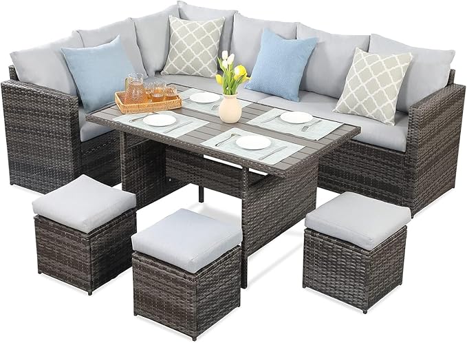 7 Piece Wicker Rattan Outdoor Dining Set with Dining Table and Ottomans, Patio Table and Chairs Set - LeafyLoom