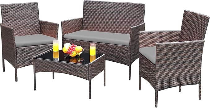 Greesum Patio Furniture 4 Pieces Conversation Sets Outdoor Wicker Rattan Chairs Garden Backyard Balcony Porch Poolside loveseat with Soft Cushion and Glass Table, Brown and Gray - LeafyLoom