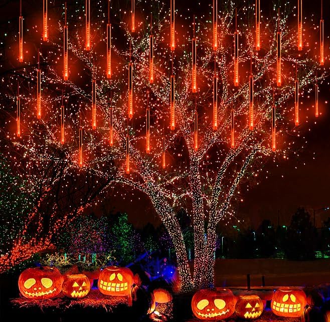 Halloween Decorations Outside, Kwaiffeo Waterproof Orange Meteor Shower Lights for Halloween Decorations Outdoor, 8-Tube Falling Rain Lights for Fall Decor Autumn Decoration Thanksgiving Yard, UL Plug Kwaiffeo