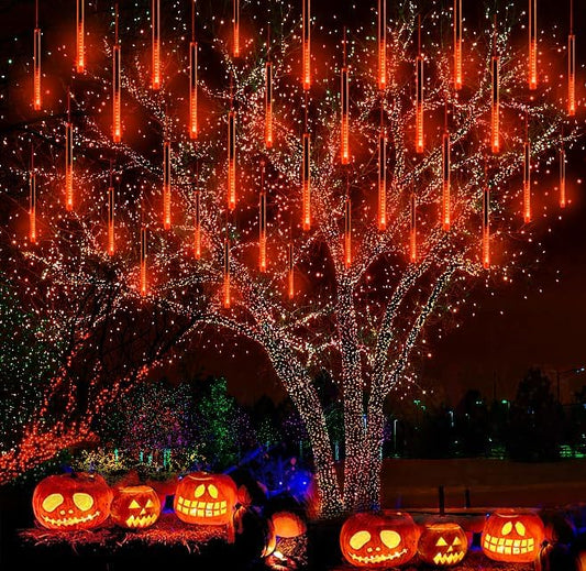 Halloween Decorations Outside, Kwaiffeo Waterproof Orange Meteor Shower Lights for Halloween Decorations Outdoor, 8-Tube Falling Rain Lights for Fall Decor Autumn Decoration Thanksgiving Yard, UL Plug Kwaiffeo